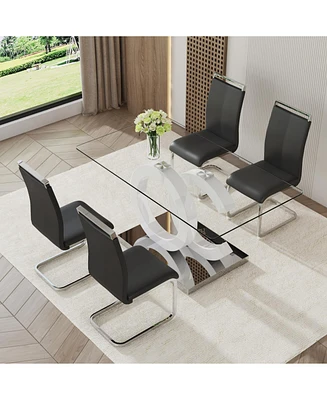 Translucent Glass Dining Set: Rectangular Table (63"x35.4") with 4 Pu Chairs