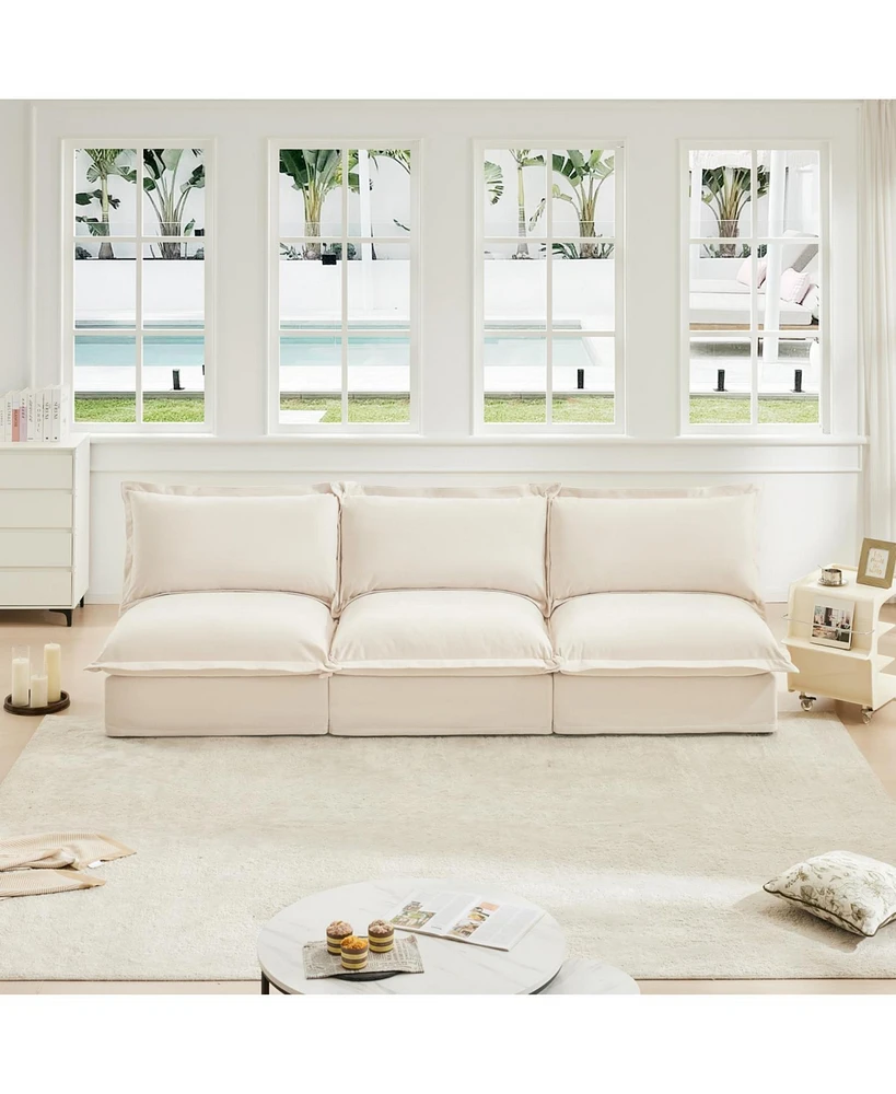 Modern Upholstered 3-Seater Sofa Couch, Armless, Chenille Fabric, Cream