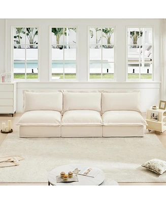 Modern Upholstered 3-Seater Sofa Couch, Armless, Chenille Fabric, Cream