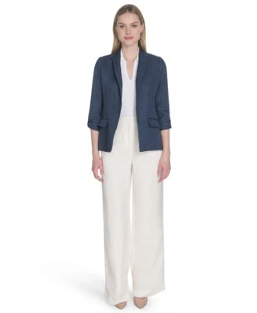 Calvin Klein Womens Faux Denim 3 4 Sleeve Jacket Johnny Collar Sleeveless Sweater Cotton Blend Wide Leg Pants