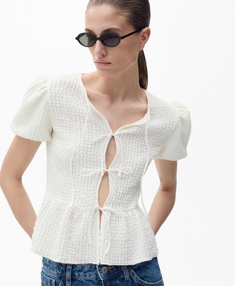 Mango Women's Bow Closure Textured Blouse