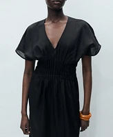Mango Women's Gathered Panel Long Linen Dress