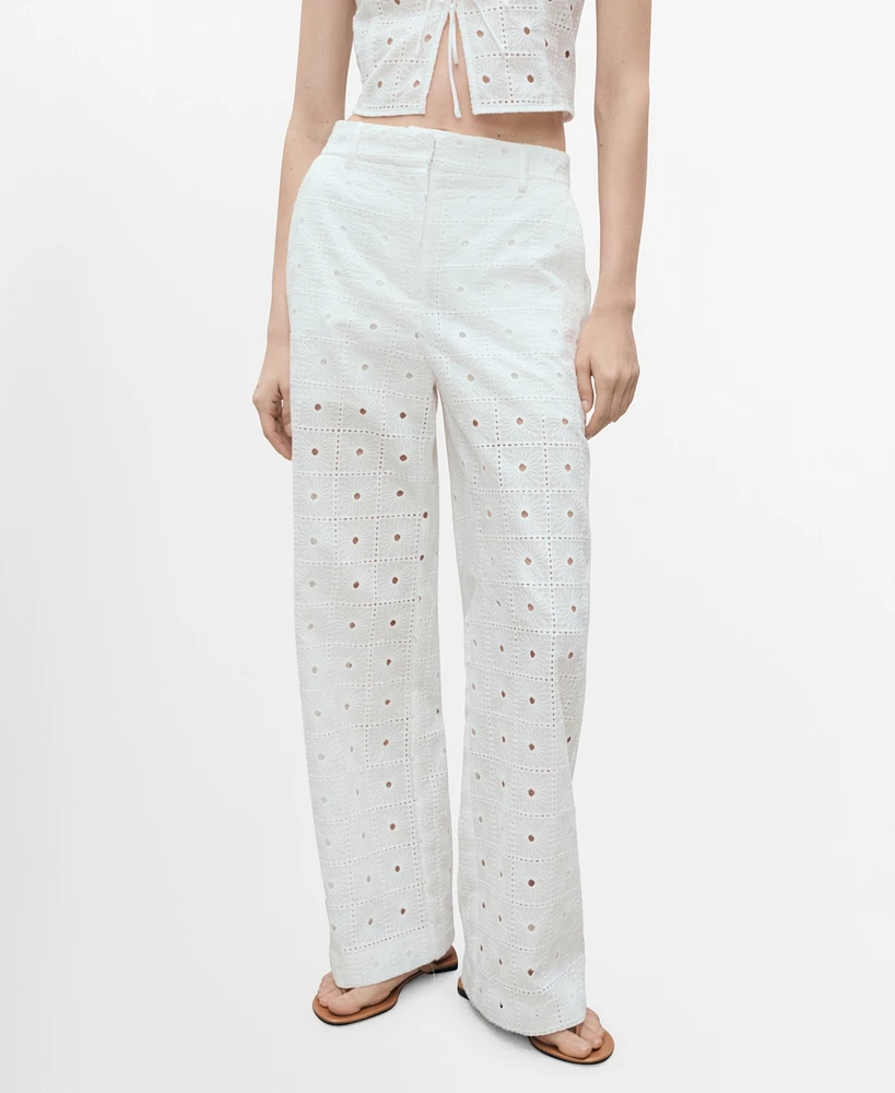 Mango Women's Straight-Fit Embroidered Cotton Pants