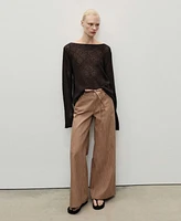 Mango Women's Stripes and Belt Wide Leg Jeans