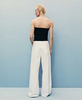 Mango Women's Frayed Waist Wide Leg Denim Pants