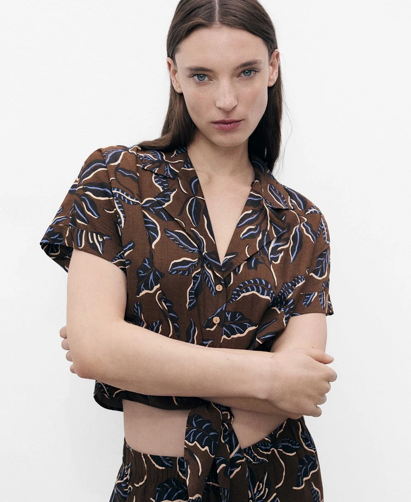 Mango Women's Floral-Print Knot Detail Cropped Shirt