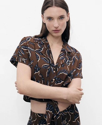 Mango Women's Floral-Print Knot Detail Cropped Shirt