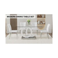 Transparant Glass Dining Set: 63"x35" Table with 4 Pu Stripe Chairs