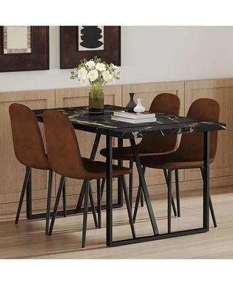 Modern Marble-Pattern Dining Set with Brown Chairs