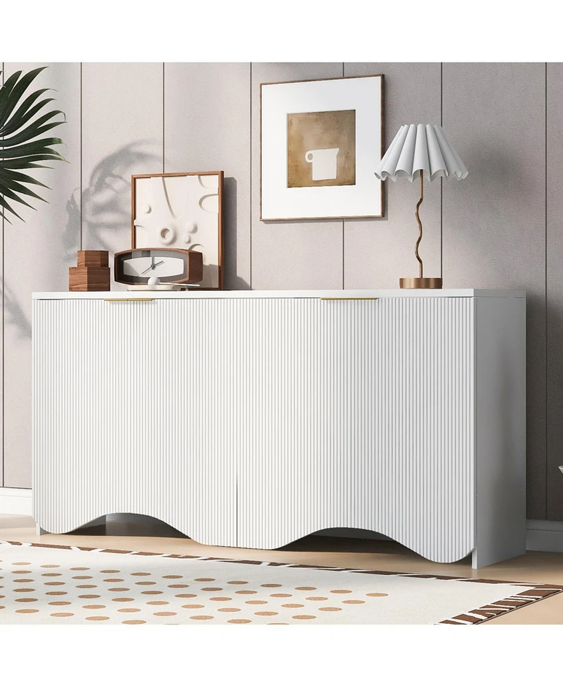 Vertical Stripes and Wavy Design of a Four-Door Cabinet Cabinet Suitable for Hallway, Entryway, Living Room