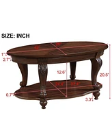 42'' oval wood coffee table for Living Room, 2-Tier Solid Wood Cocktail Table with Open Storage Shelf, Easy Assembly, Cherry