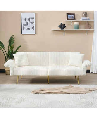 79 inch corduroy sofa bed, foldable double sofa bed with folding armrests, suitable for living rooms and small spaces
