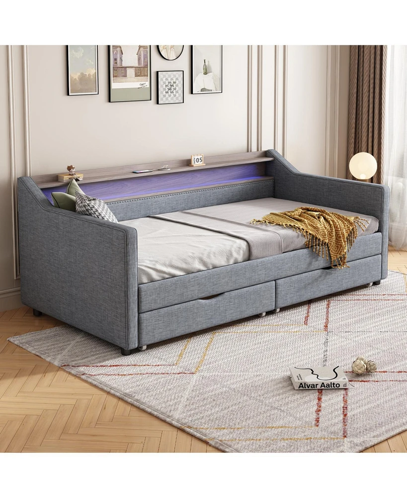 Twin Daybed with Storage, Shelves & Usb Ports, Linen Upholstered Sofa with Led Light