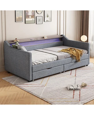 Twin Daybed with Storage, Shelves & Usb Ports, Linen Upholstered Sofa with Led Light