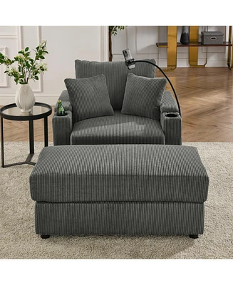 Modern Storage Sofa with Ottoman: Grey Corduroy Sofa with Device Chargers