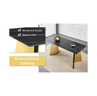 Black Sintered Stone Table & 6 Pu Chairs - Golden Accents