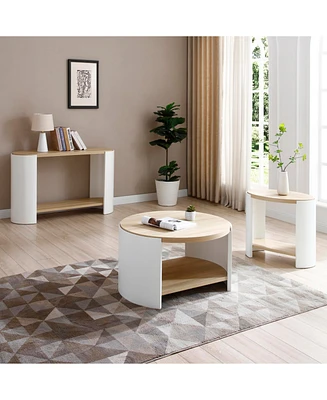 3-Piece Coffee Table Set, 31" Round Rustic Wood Table with Storage, Modern Home Furniture (Natural & White)