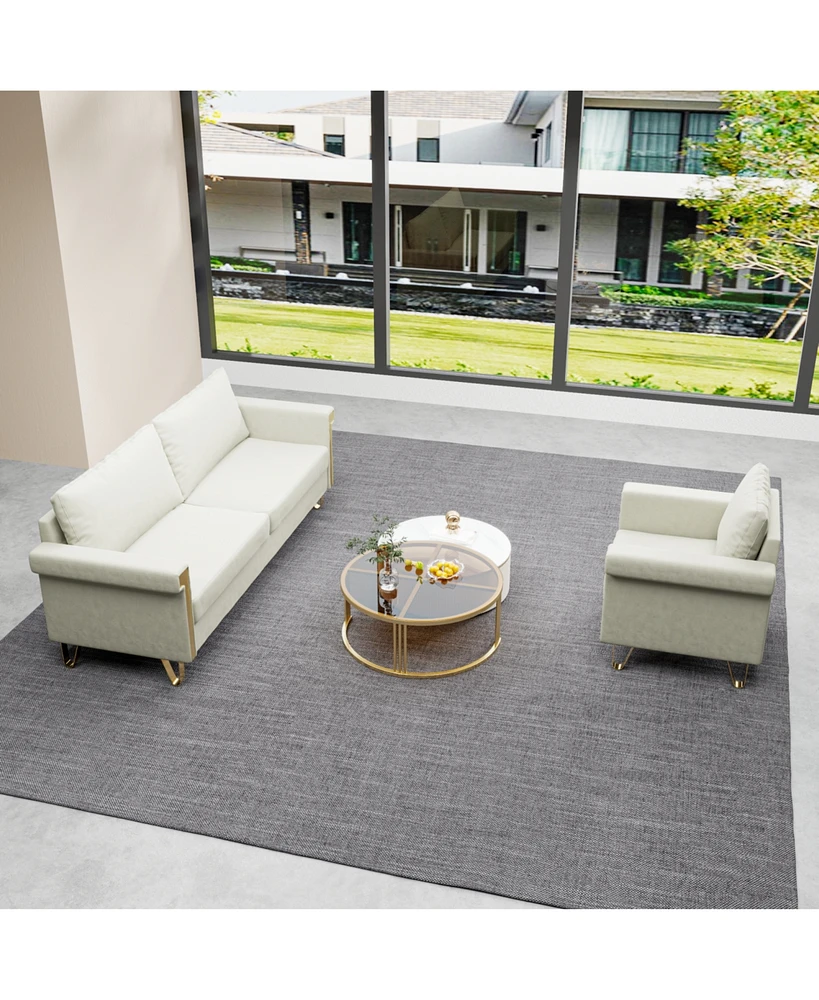 Beige Velvet Sofa and Armchair Set with Gold Accents