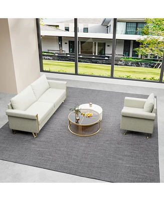 Beige Velvet Sofa and Armchair Set with Gold Accents