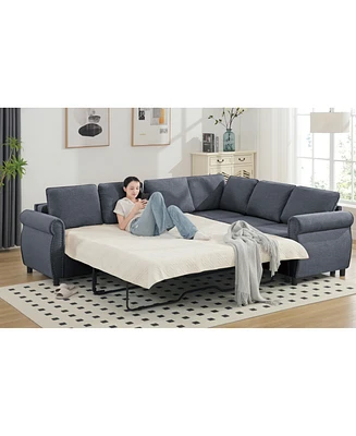 2-in-1 Sleeper Sofa, 6-Seater Sectional Couch Bed, 104" Gray Sofa Bed for Living Room