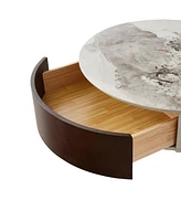 Modern Round White & reall wood color Coffee Table with Drawers and metal legs, Drum Coffee Table with Golden Legs Circular Center Table with ceramic
