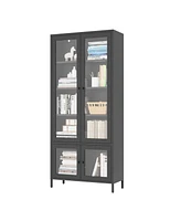 Large Metal Storage Cabinet Display Cabinet with 4 Glass Doors 5 Shelves Side Cabinet Bookcase Freestanding Cabinet for Bedroom Living Room Pantry Hom