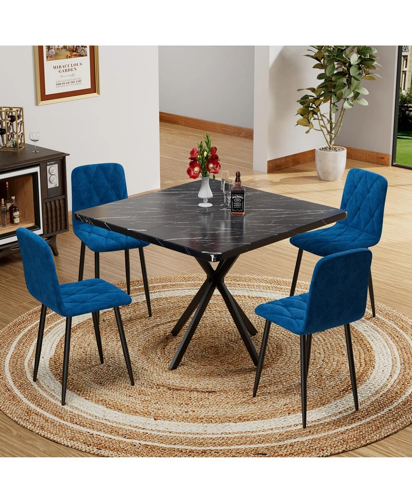Mid Century Modern Square Dining Table Set (4-Person, Faux Marble, Iron Legs)