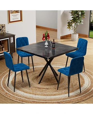 Mid Century Modern Square Dining Table Set (4-Person, Faux Marble, Iron Legs)