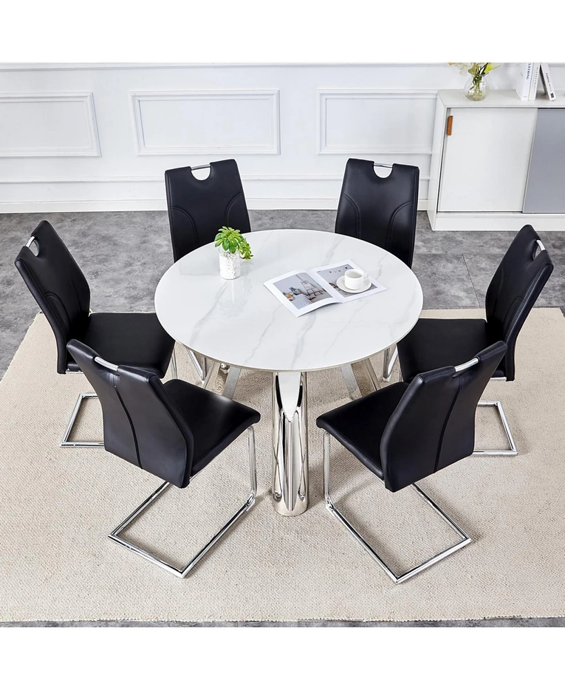 Stylish 42" Round Table & 6 Black Dining Chairs with Metal Legs