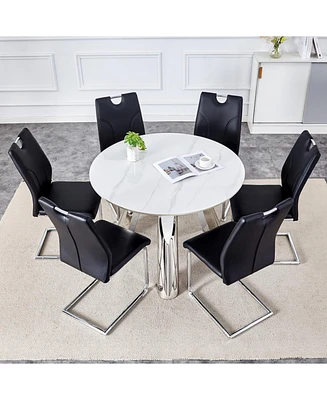 Stylish 42" Round Table & 6 Black Dining Chairs with Metal Legs
