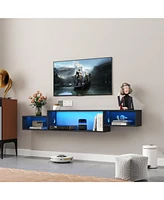 65.35in Wall Mounted Floating Tv Stand with 20 Color LEDs and Charging Station