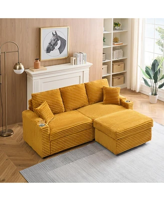 80" Foldable Corduroy Chaise Sofa with Storage, Cup Holders, Footrest