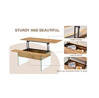 Multifunctional Lift Top Coffee Table with Glass Legs and Wood Grain Sticker, Perfect for Modern Home and Office