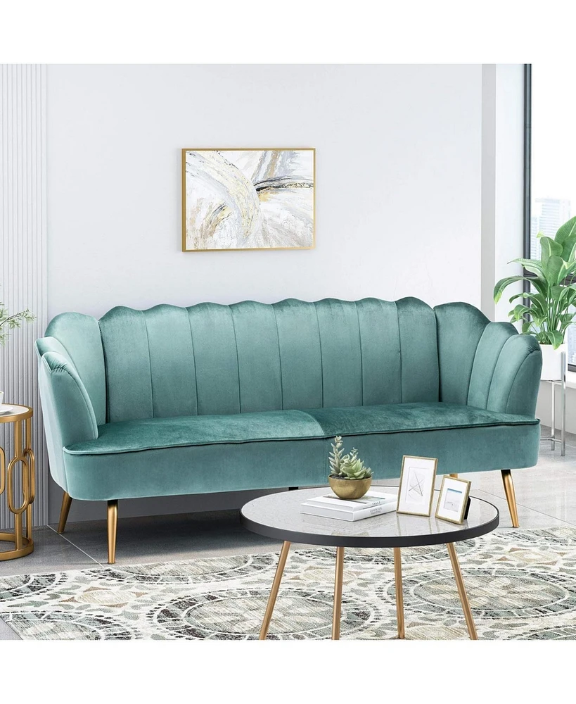 Modern Glam Velvet 3-Seater Sofa With Channel Stitching And Gold Legs