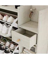 Natural Bohemia Style Shoe Cabinet, Shoe Rack Cabinet with 3 Rattan Flip Drawers,3 Square Shelves and 1 Storage Drawer, Shoe Organizer with Mulit Stor
