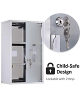 Wall Mounted Medicine Cabinet, Locking Wall Cabinet with 3 Tier Shelves, Stainless Steel Frame and Glass Door, Lockable with 2 Keys, Silver, 12"