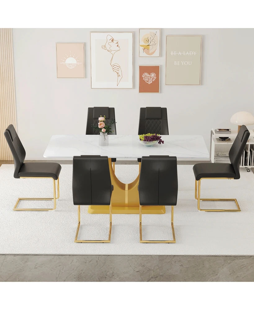 Snow Mountain Dining Set: 71" Table & 6 Black Pu Chairs