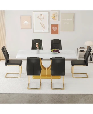 Snow Mountain Dining Set: 71" Table & 6 Black Pu Chairs