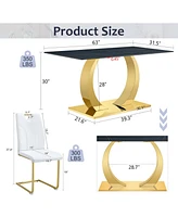 Sintered Stone Dining Set: 63" Table & 4 White/Gold Chairs