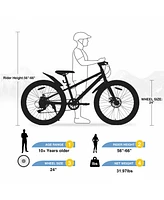 24 Inch Bicycles, Fat Tire Mountain Bike for Boys and Girls Age 10 + Years, Dual-Disc Brake,Shimano 7-Speed