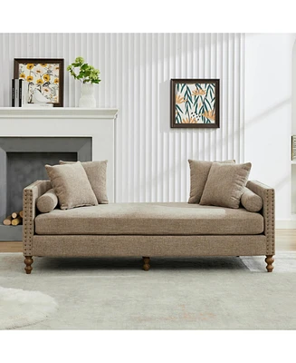 Taupe Chenille Chaise Lounge with Nailheads, Sleeper Sofa, 4 Pillows & 2 Bolsters