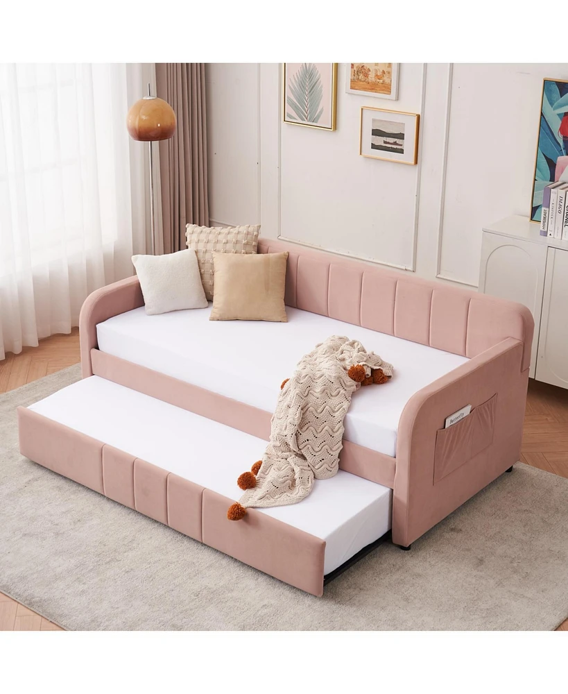 Twin Daybed Frame with Trundle, Sofa Bed, Wood Slat Support, Pink
