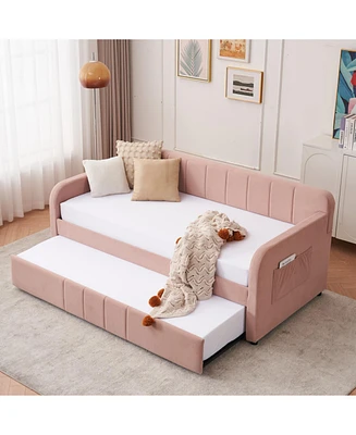 Twin Daybed Frame with Trundle, Sofa Bed, Wood Slat Support, Pink
