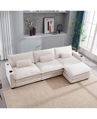 L Shape Sofa Couch with Usb & Cup Holders, Corduroy Stripe Fabric 3 Seater Sofa with 1 Ottoman, Beige