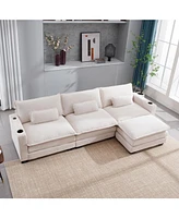 L Shape Sofa Couch with Usb & Cup Holders, Corduroy Stripe Fabric 3 Seater Sofa with 1 Ottoman, Beige