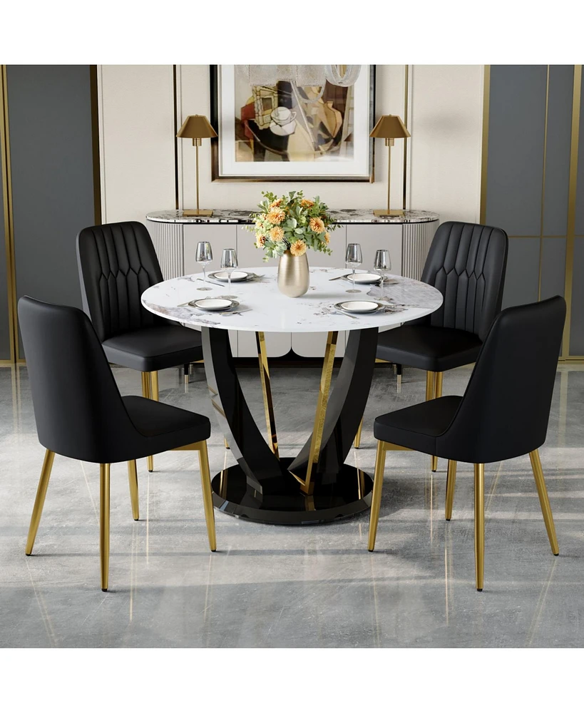 V-Leg Dining Table with Tempered Glass Top and 4 Pu Chairs