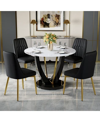 V-Leg Dining Table with Tempered Glass Top and 4 Pu Chairs