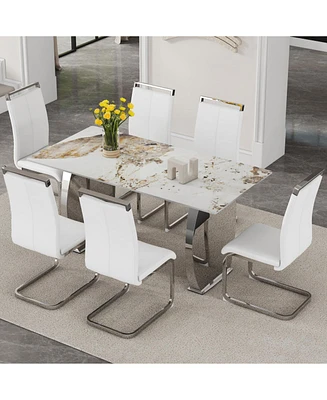 Pandora Patterned Sintered Stone Table and 6 Pu Chairs