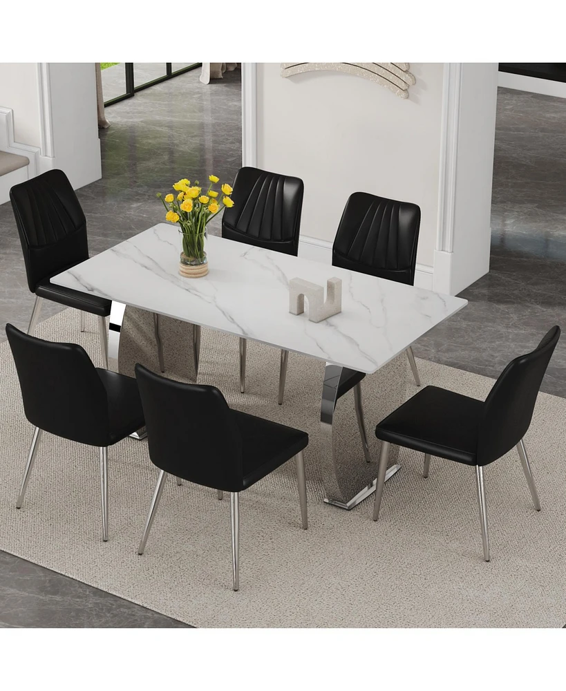 Sintered Stone Dining Set: 6 Shell Chairs with 63" Snow Mountain Table