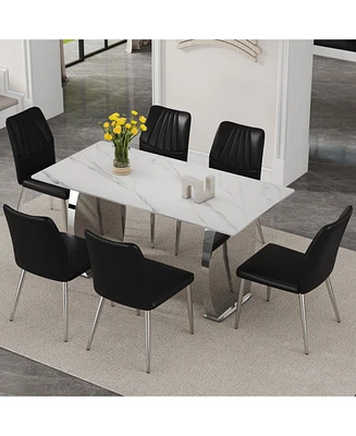 Sintered Stone Dining Set: 6 Shell Chairs with 63" Snow Mountain Table